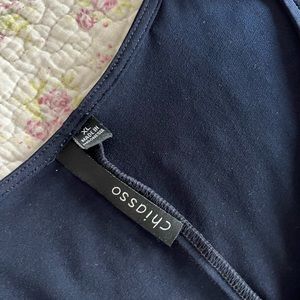 Navy blue v neck swing dress cold shoulder sleeves.  Great for a wedding